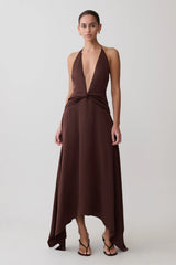 Cyra Plunge Satin Midi Dress - Dark Chocolate