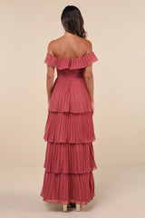 Always Remarkable Rusty Rose Pleated Off-the-Shoulder Maxi Dress