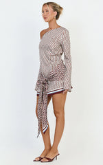 Geo Print Off Shoulder Tie Front Dress in Geo Border Print