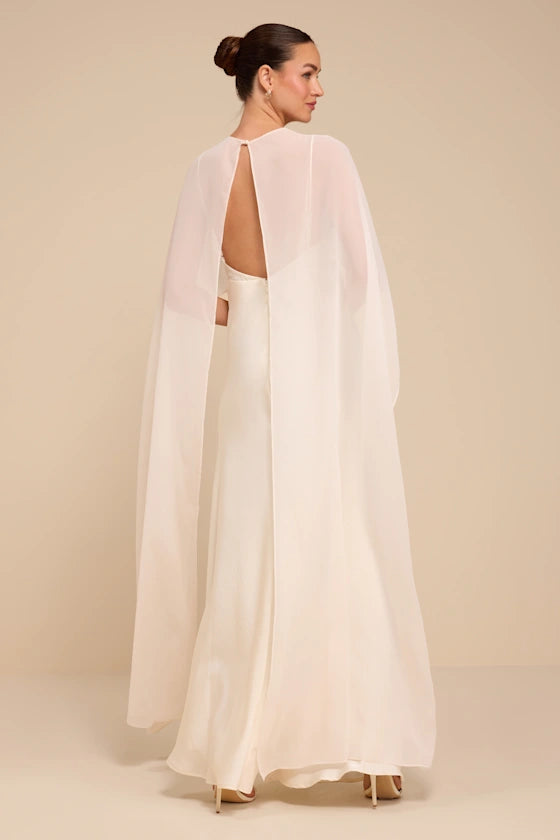 Mercedes White Satin Cape Wedding Dress