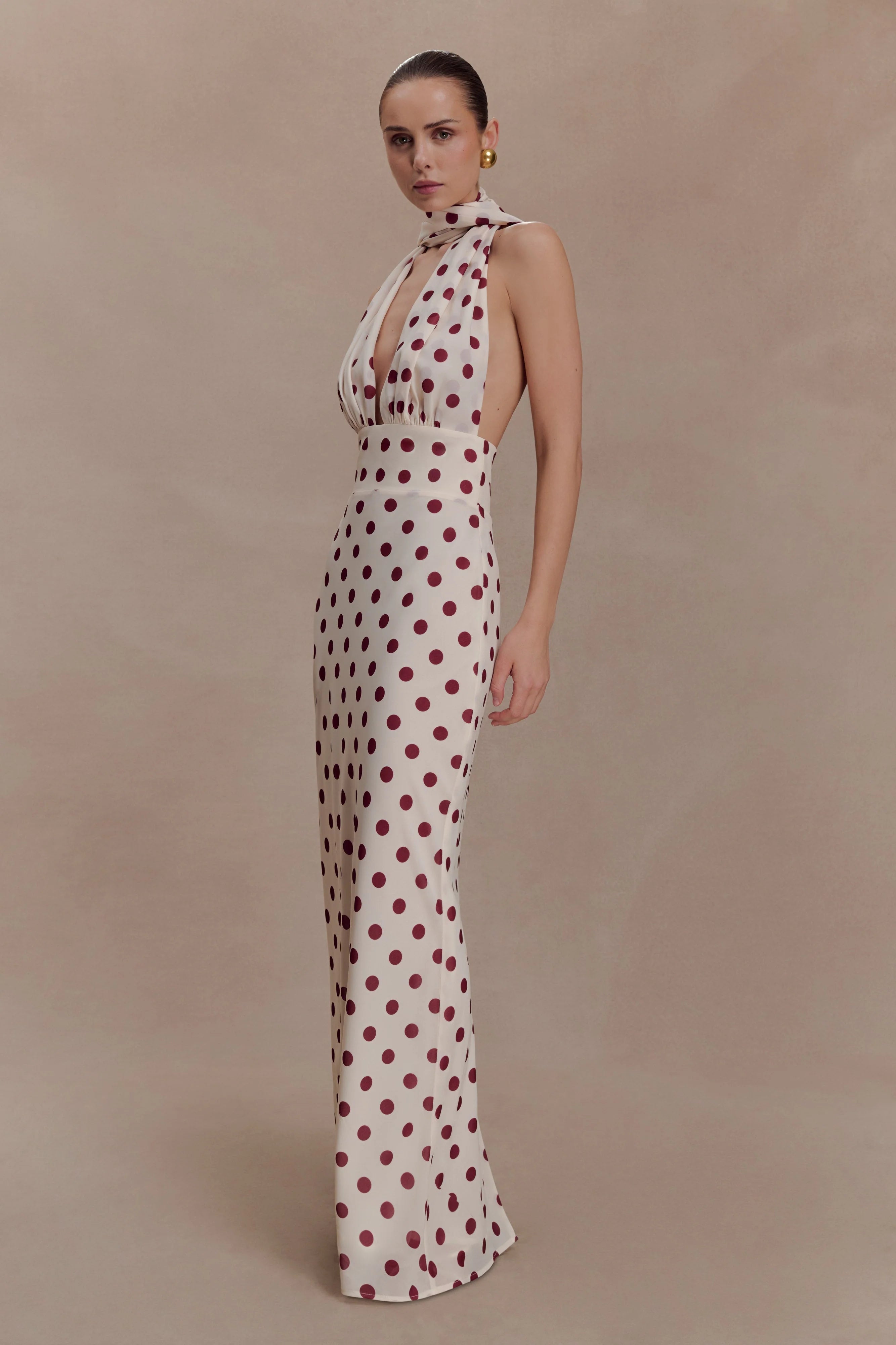 Nadine Halter Chiffon Maxi Dress - Ivory/Merlot Polka Dot