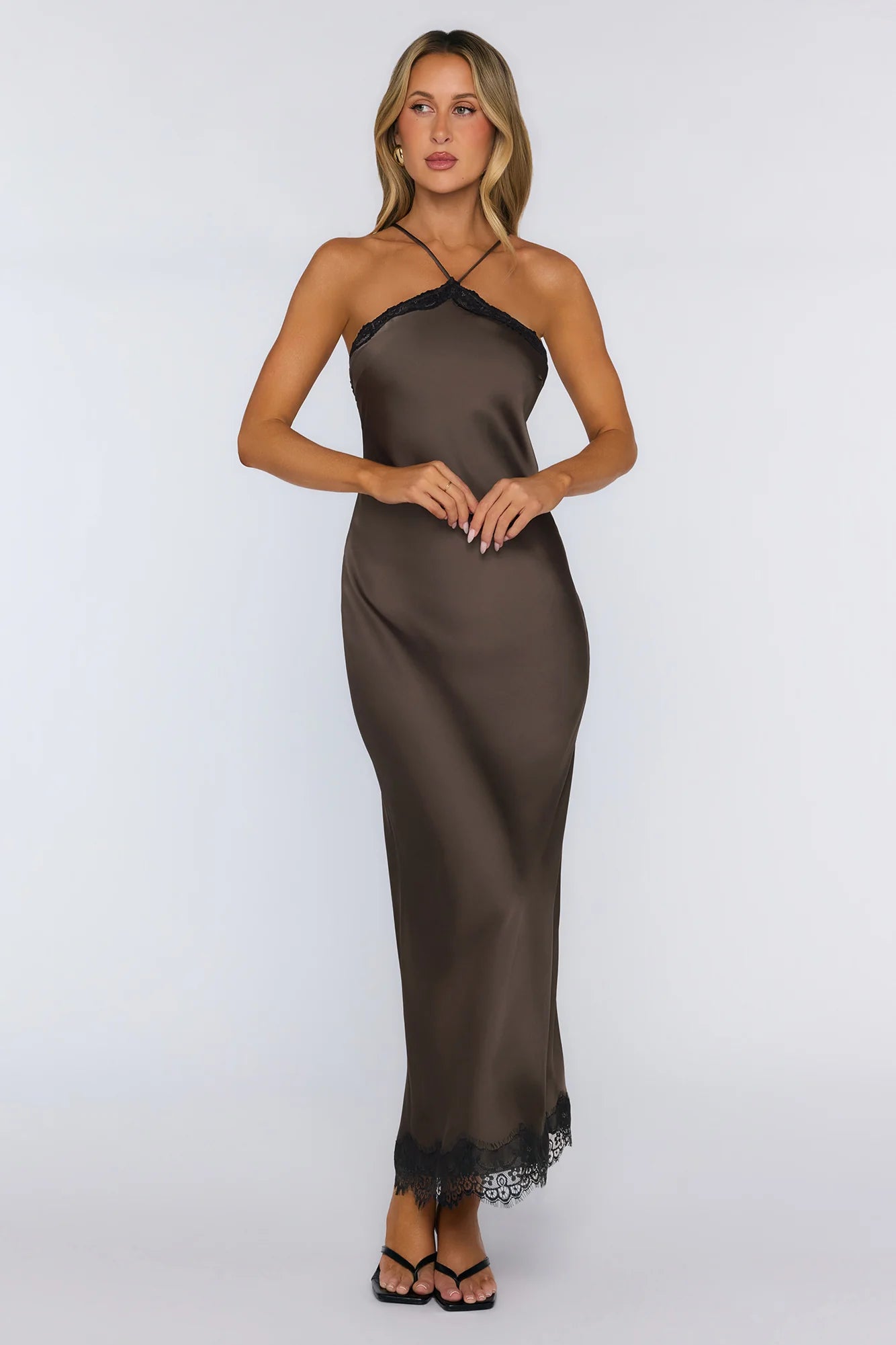 Editorial Archive Satin Lace Maxi Dress Brown