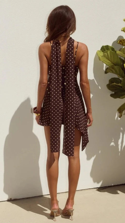Alora Scoop Neck Mini Dress - Choc / Lemon Polka