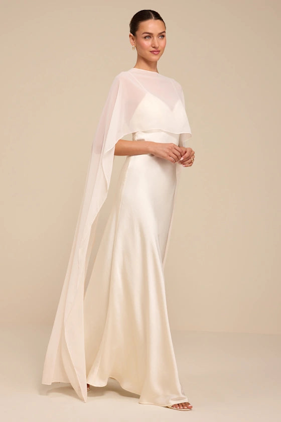 Mercedes White Satin Cape Wedding Dress